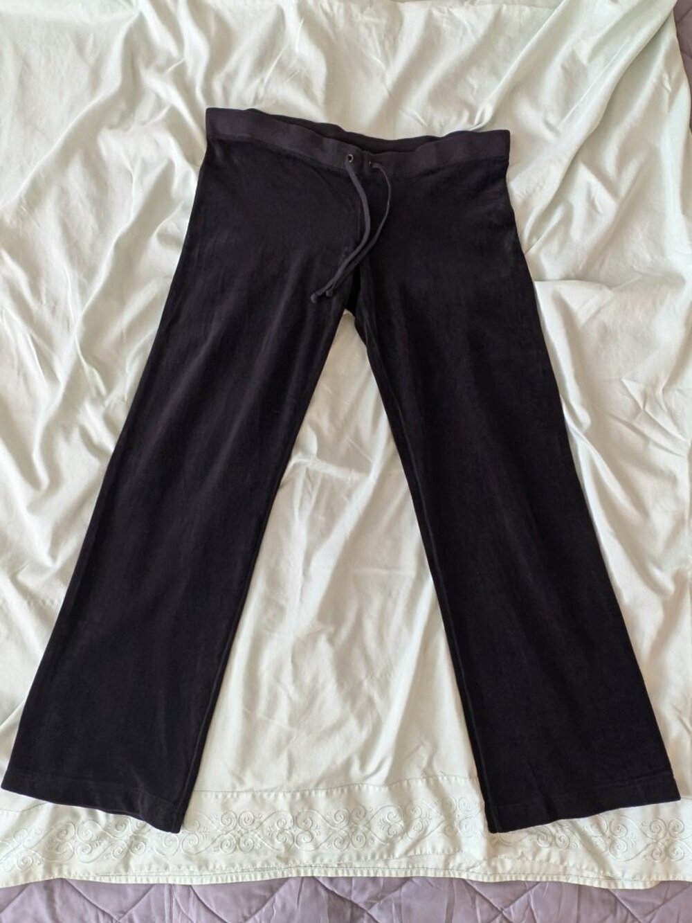 Rare Y2K Juicy Couture Rose Design Black Wide-Leg Lounge Pants M